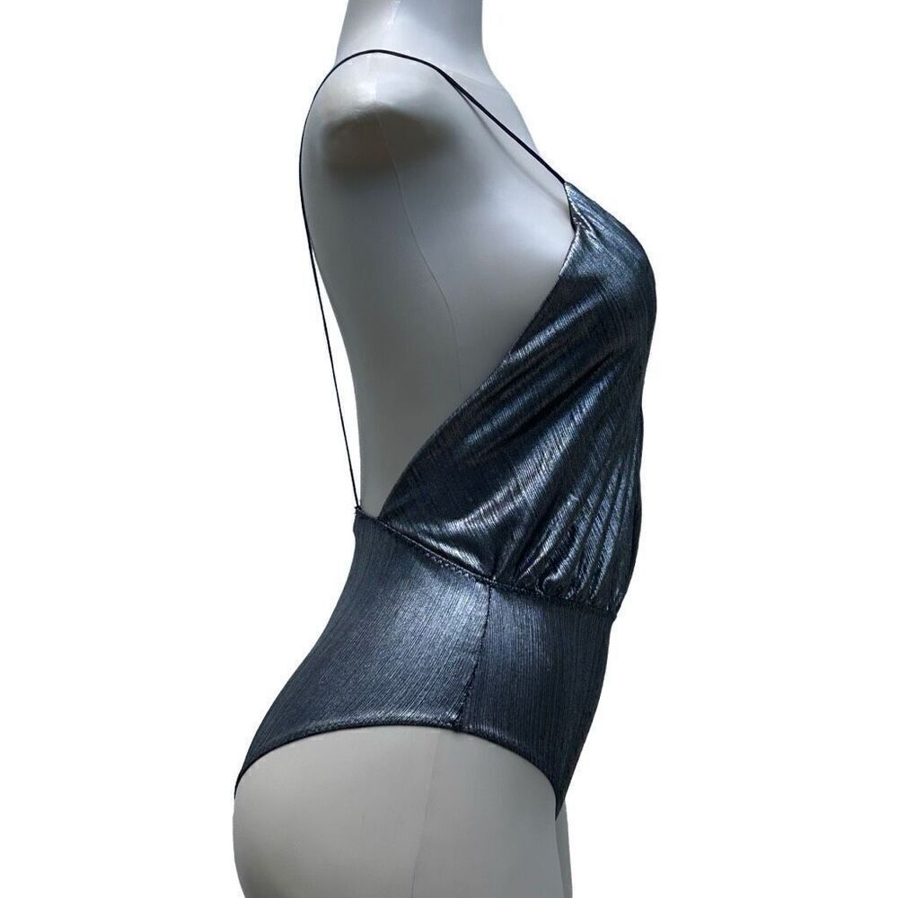 Zara Silver Metallic Tank Bodysuit  Women's 6 Plunging Neck Open Back Spaghetti - Picture 3 of 10